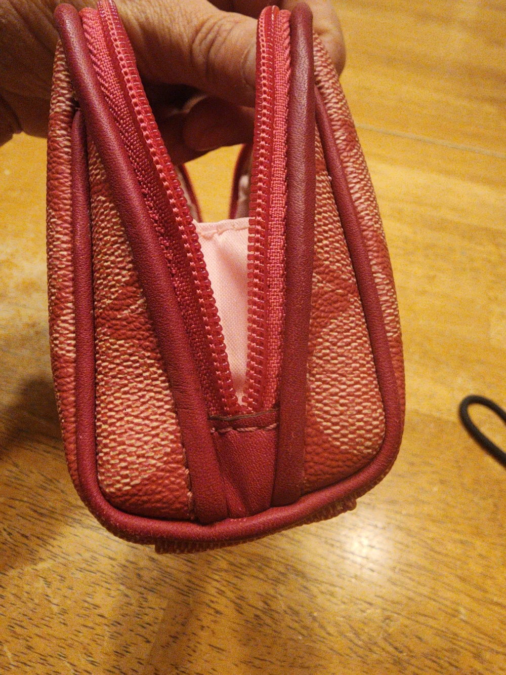 Coach Red Signature Stripe Cosmetic Pouch with Cream & Pink Center Stripe